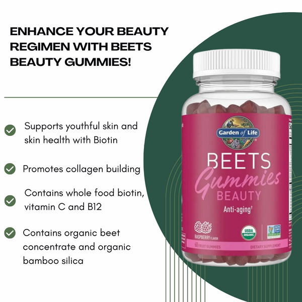 Beauty Beets Gummies (Raspberry)- 60 fruit gummies By Garden of Life